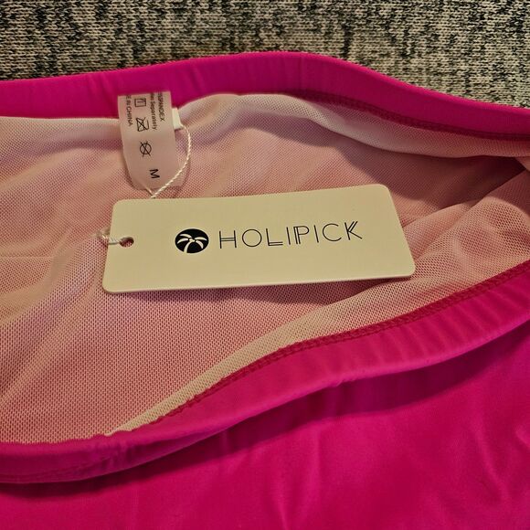 NWT SZ M Women's Tummy Control Ruched Drawstring High Waist Swim Skirt-Neon Pink - Picture 5 of 8